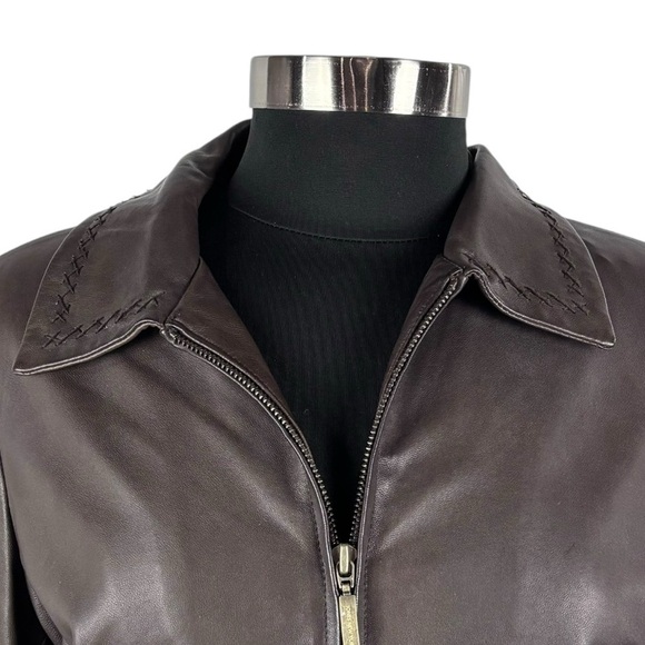 JONES NEW YORK 90S ZIP FRONT STITCHED TRIM TAILORED CLASSIC BROWN LEATHER JACKET - Picture 13 of 14